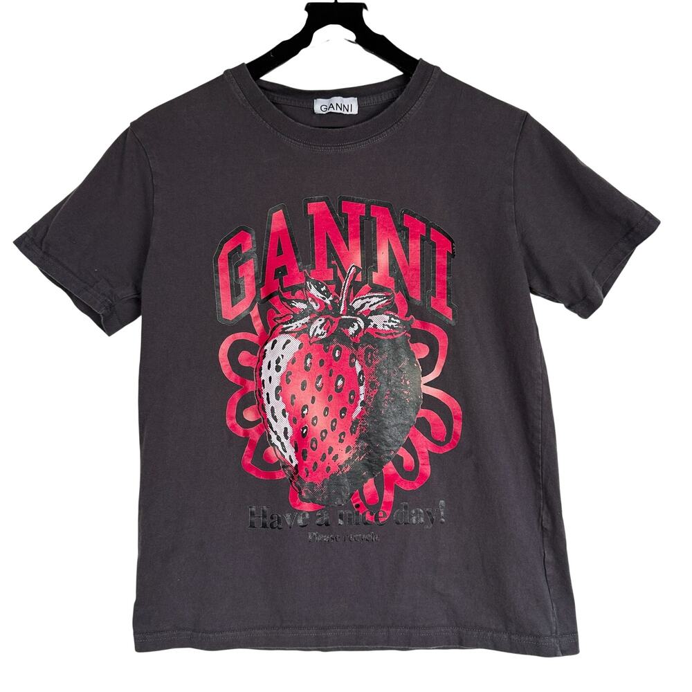 GANNI Relaxed-fit Organic Cotton T-shirt Gray Strawberry Womens - M